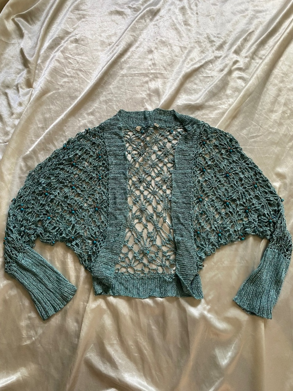 Vintage y2k Blue Crochet Beaded Shrug Cardigan Fairy Boho XS/S